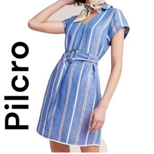 Pilcro Anthropologie Dress Blue Striped Linen Blend Belted Nautical Boho
